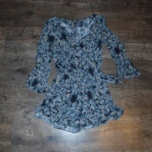 Free People Romper Blue Floral Print Long Sleeve Wrap Ruffle Hem‎
